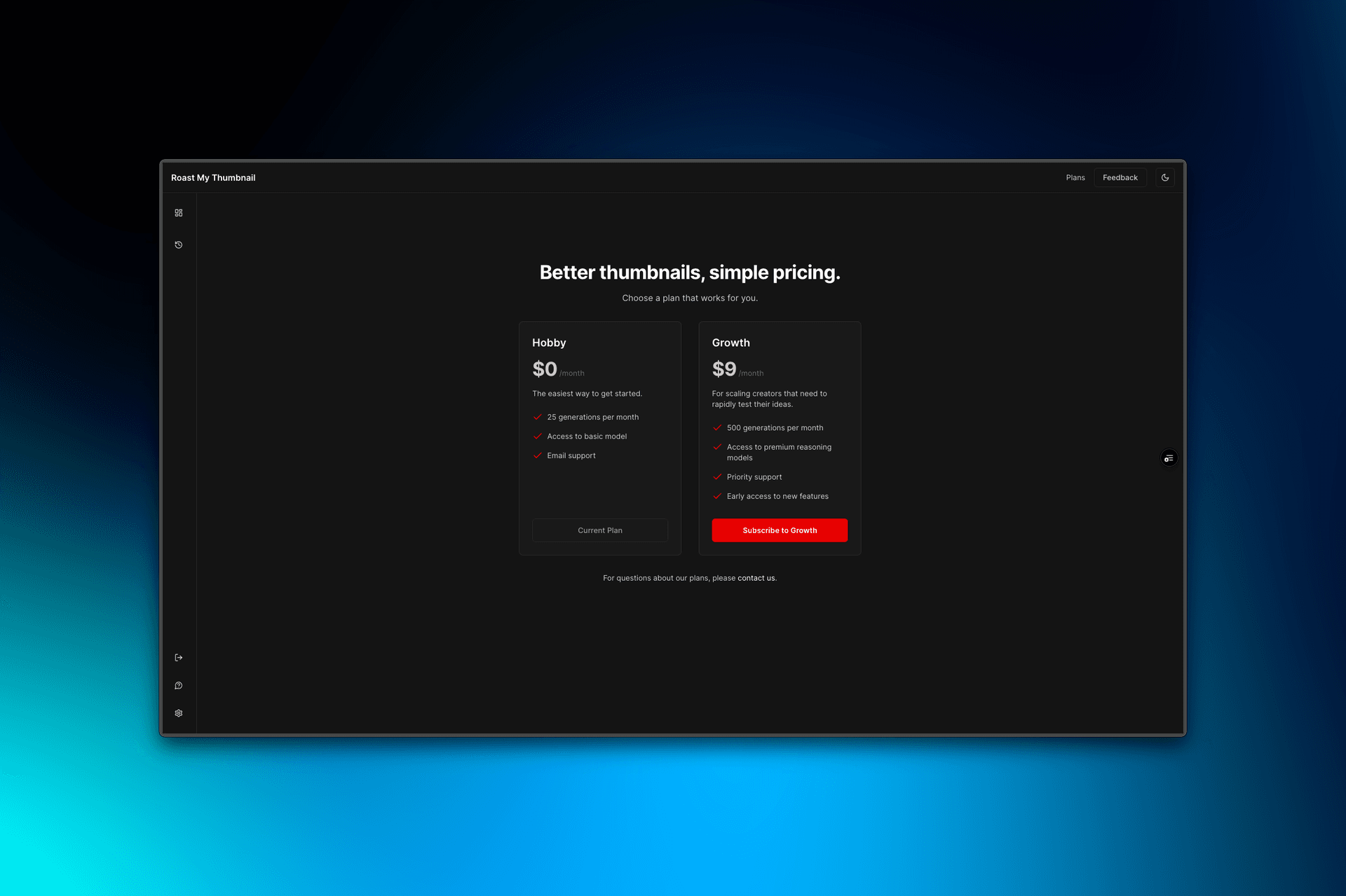 The plans/pricing page of Roast My Thumbnail
